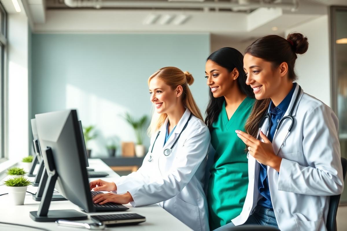 Healthcare billing professionals reviewing revenue analytics in a modern office